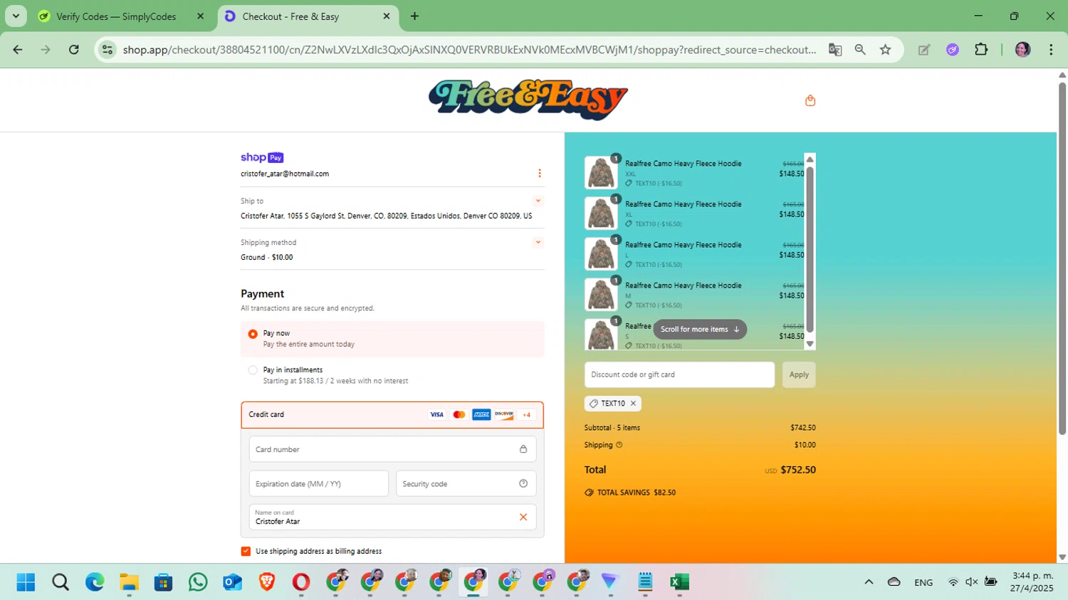 Free & Easy discount code screenshot showing code TEXT10 applied at Free & Easy checkout page. Uploaded by SimplyCodes community member Mari_perez on Apr 27, 2025