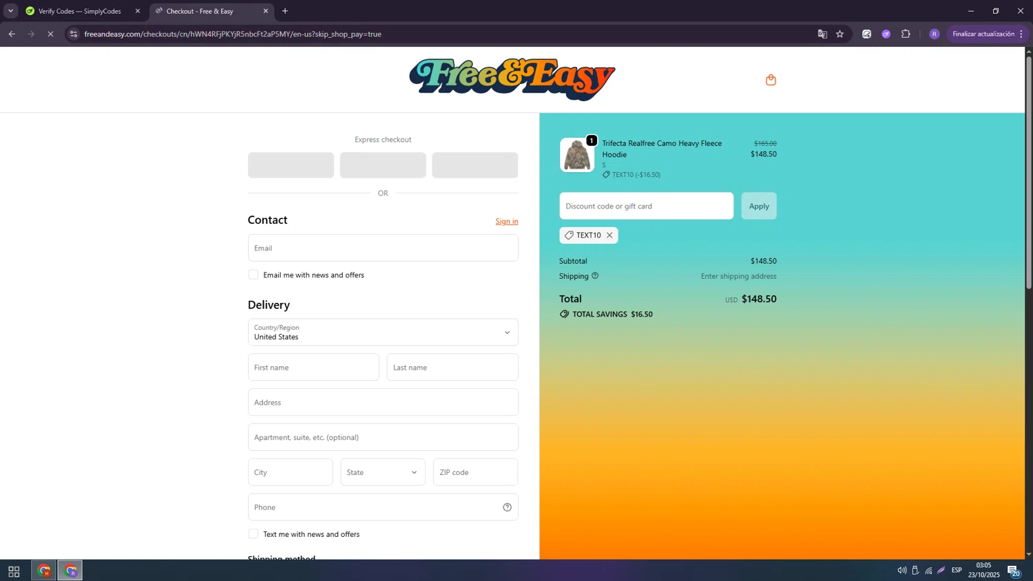 Free & Easy discount code screenshot showing code TEXT10 applied at Free & Easy checkout page. Uploaded by SimplyCodes community member usenameee on Oct 23, 2025