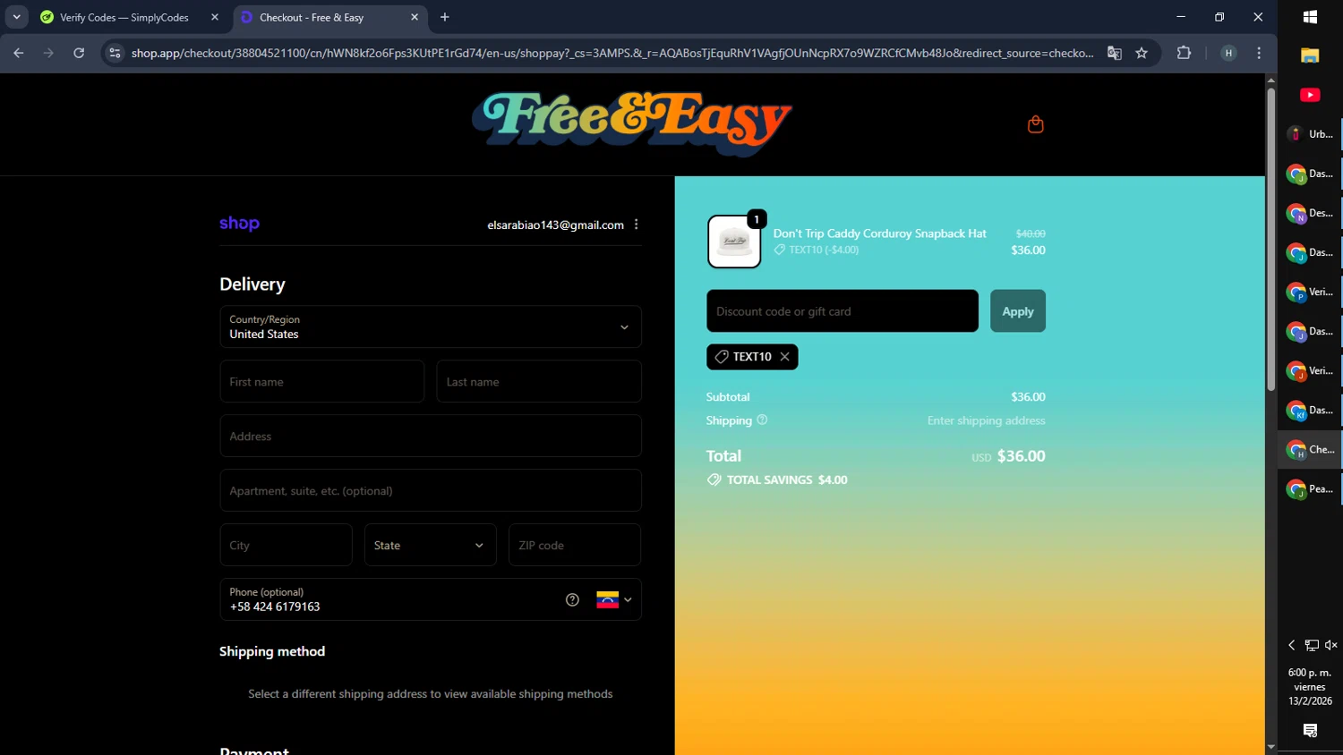 Free & Easy discount code screenshot showing code TEXT10 applied at Free & Easy checkout page. Uploaded by SimplyCodes community member SmartMaverick5327 on Feb 13, 2026