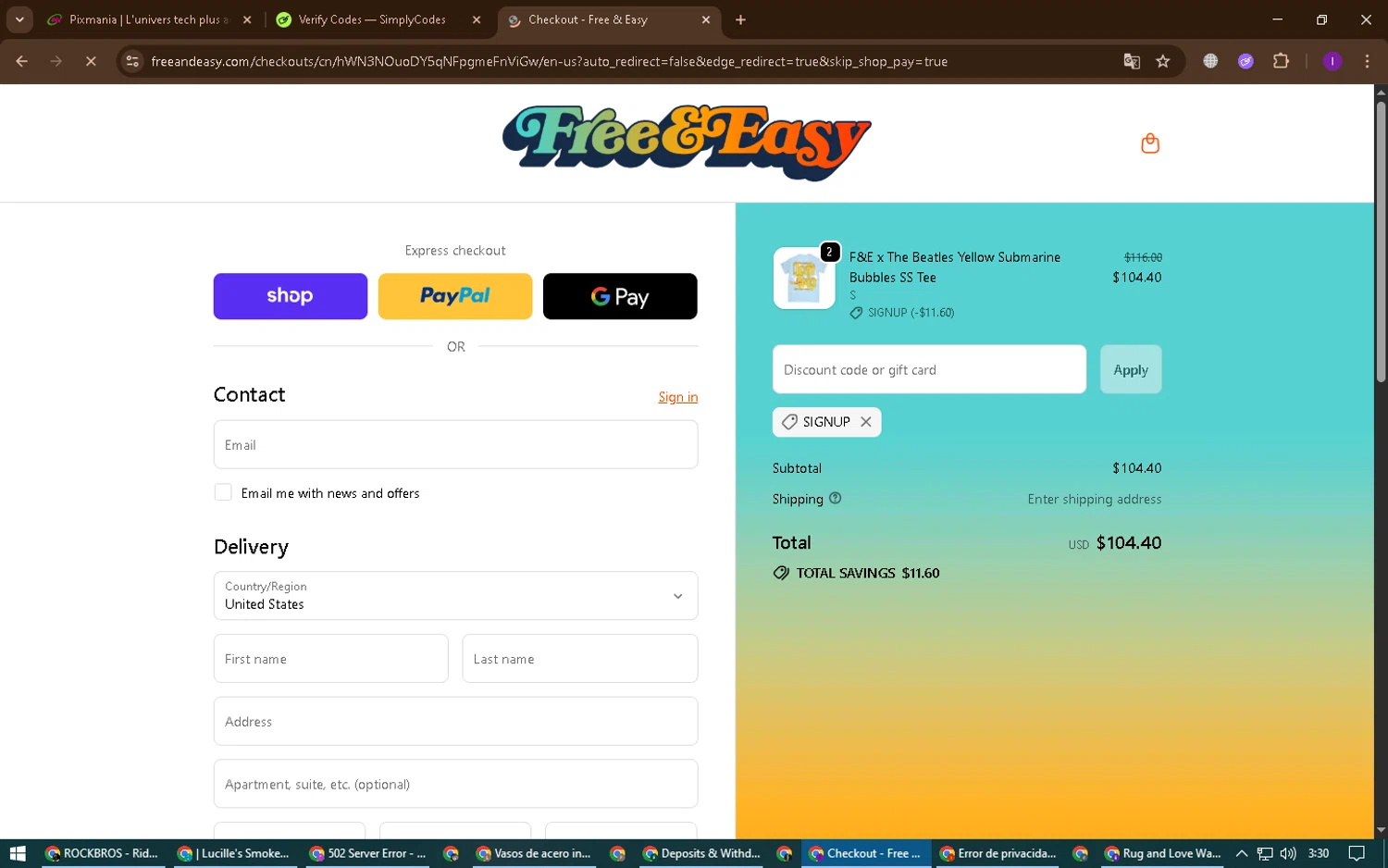 Free & Easy discount code screenshot showing code SIGNUP applied at Free & Easy checkout page. Uploaded by SimplyCodes community member ChinoYugi on Sep 25, 2025