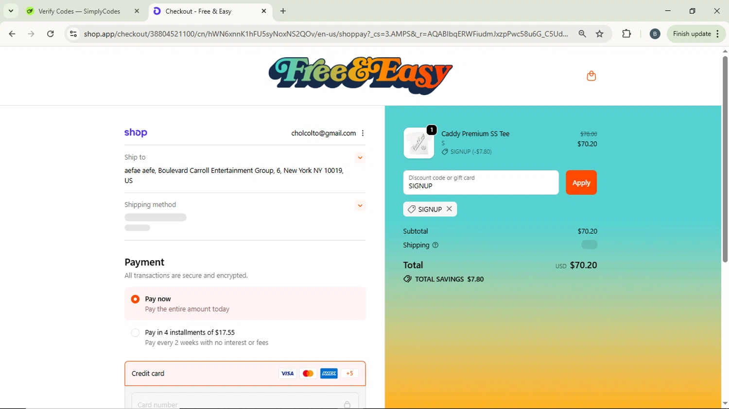 Free & Easy discount code screenshot showing code SIGNUP applied at Free & Easy checkout page. Uploaded by SimplyCodes community member ScanPhoenix3549 on Dec 28, 2025