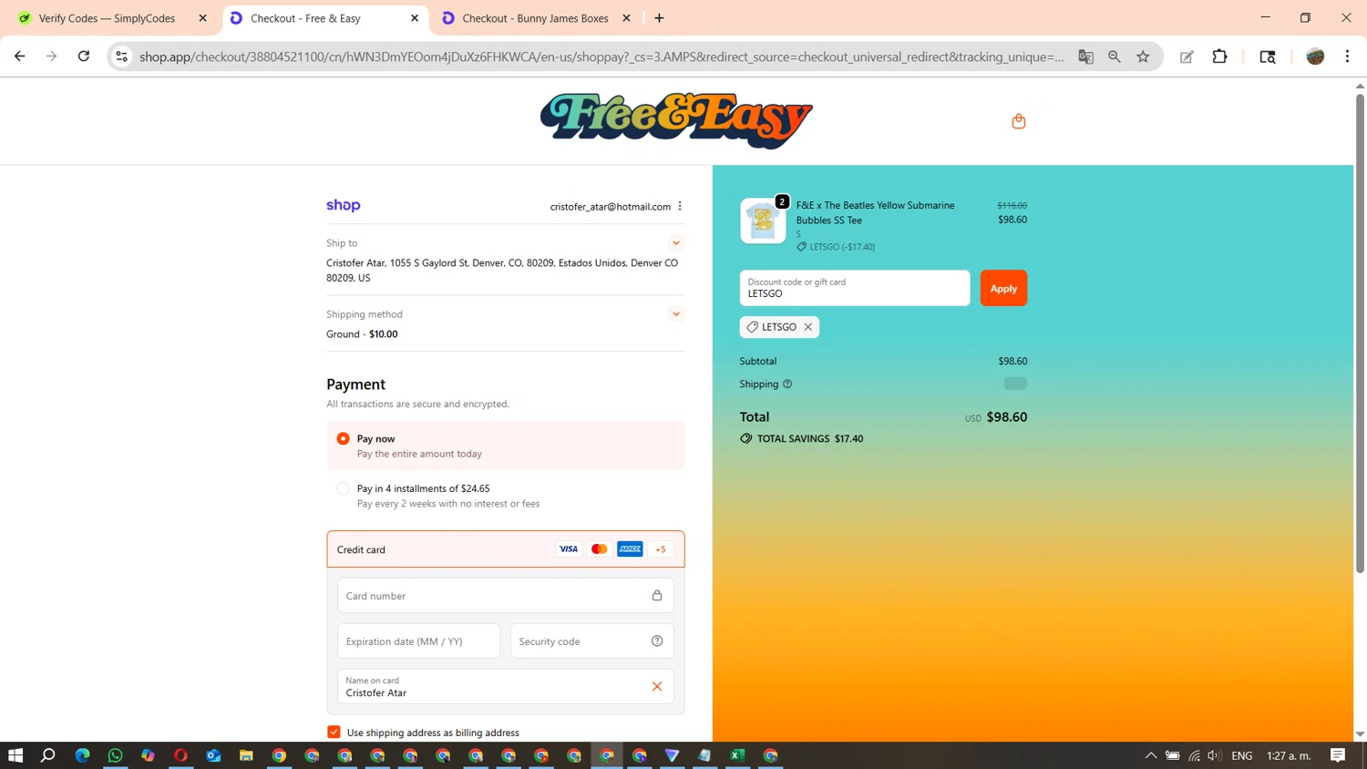 Free & Easy discount code screenshot showing code LETSGO applied at Free & Easy checkout page. Uploaded by SimplyCodes community member FundoEsperanza on Sep 21, 2025