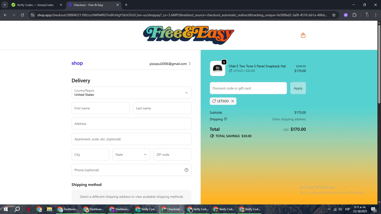 Free & Easy discount code screenshot showing code LETSGO applied at Free & Easy checkout page. Uploaded by SimplyCodes community member xxdddd on Oct 23, 2025