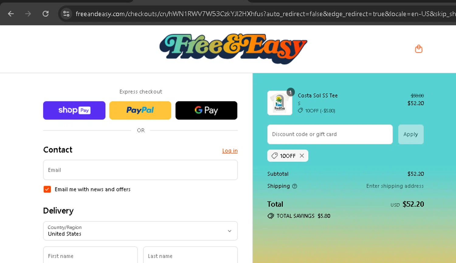 Free & Easy discount code screenshot showing code 10OFF applied at Free & Easy checkout page. Uploaded by SimplyCodes community member BonusPro7395 on Aug 5, 2025