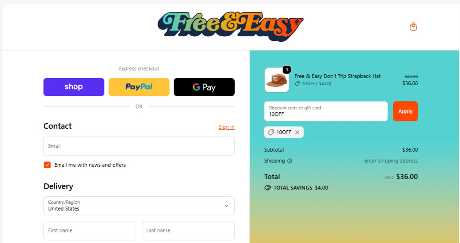 Free & Easy checkout page showing Free & Easy discount code box | Screenshot taken by SimplyCodes community member on Feb 13, 2026