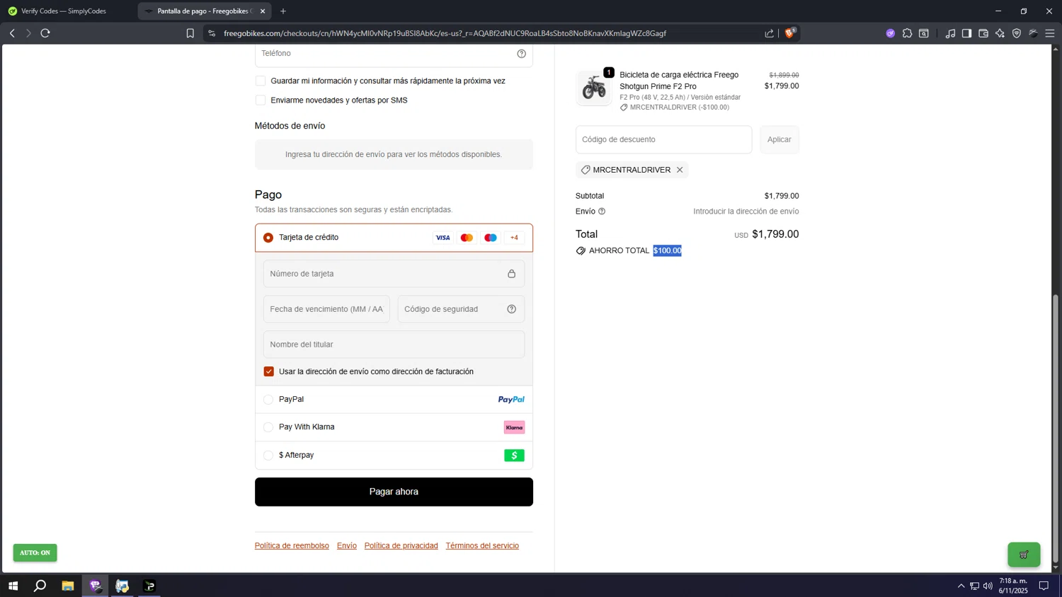 Freegobikes promo code screenshot showing code Mrcentraldriver applied at Freegobikes checkout page. Uploaded by SimplyCodes community member aaaaaaaaaaaaaaaa on Nov 6, 2025