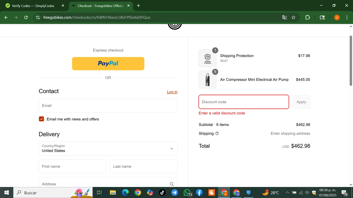 Freegobikes promo code screenshot showing code SHAWVERFILMS applied at Freegobikes checkout page. Uploaded by SimplyCodes community member AlfredoBonifacio on Aug 8, 2025