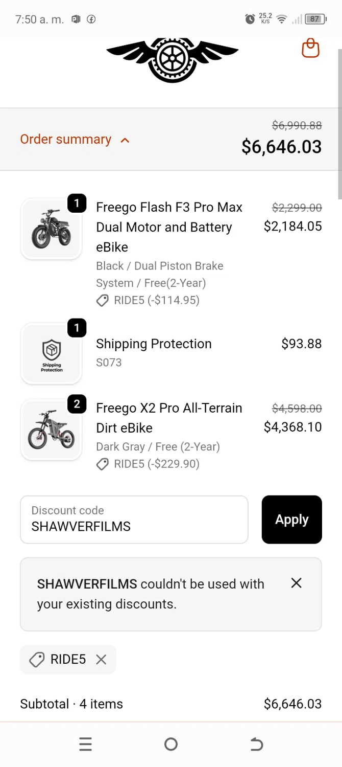 Freegobikes promo code screenshot showing code SHAWVERFILMS applied at Freegobikes checkout page. Uploaded by SimplyCodes community member Typer19 on Nov 6, 2025