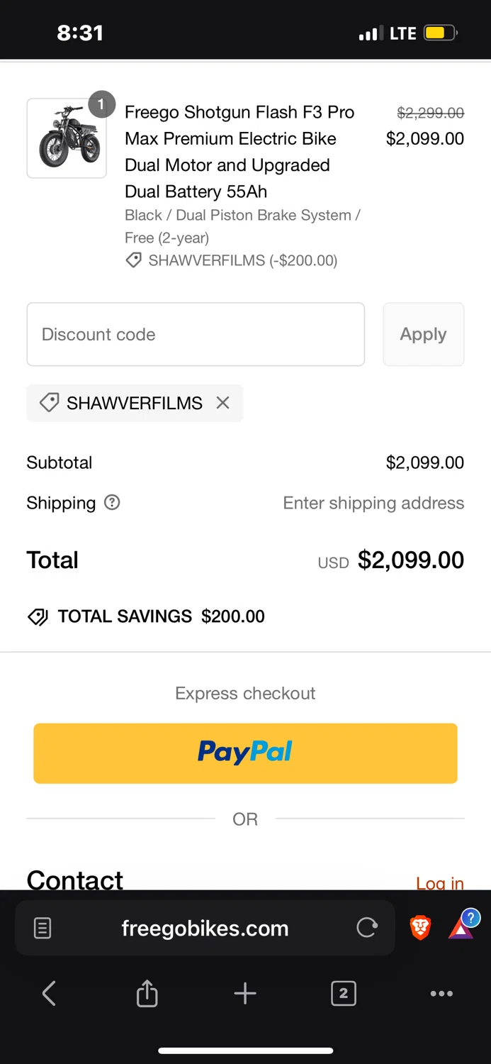 Freegobikes promo code screenshot showing code SHAWVERFILMS applied at Freegobikes checkout page. Uploaded by SimplyCodes community member VictoriousFalcon1812 on Feb 12, 2025