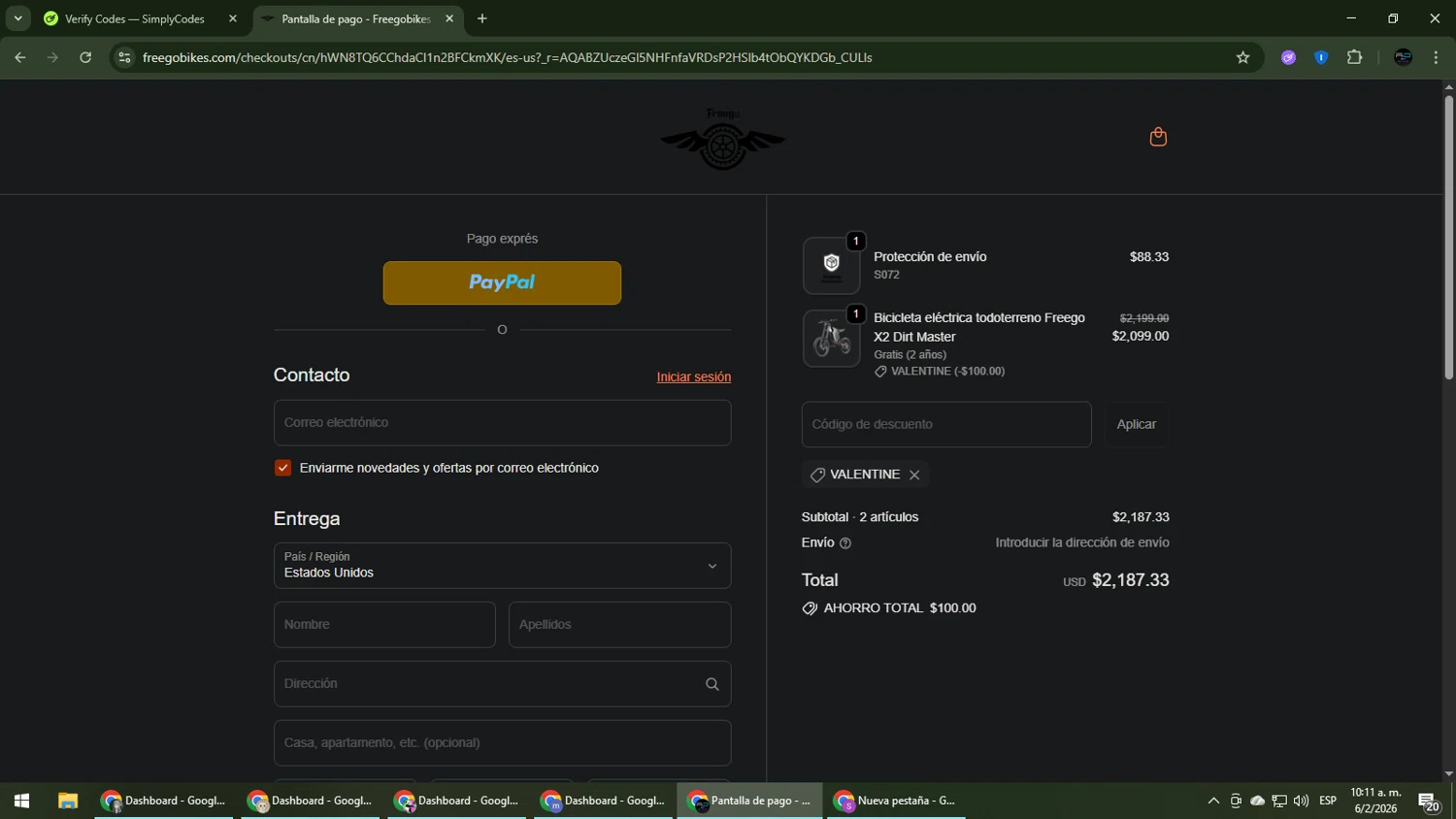 Freegobikes promo code screenshot showing code VALENTINE applied at Freegobikes checkout page. Uploaded by SimplyCodes community member CarmenVGR on Feb 6, 2026
