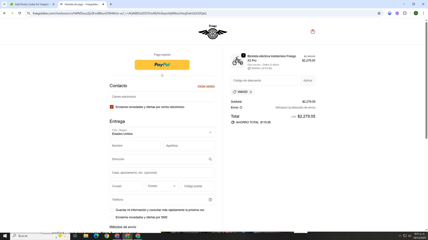 Freegobikes promo code screenshot showing code XMAS5 applied at Freegobikes checkout page. Uploaded by SimplyCodes community member AnthonyGTX on Dec 11, 2025