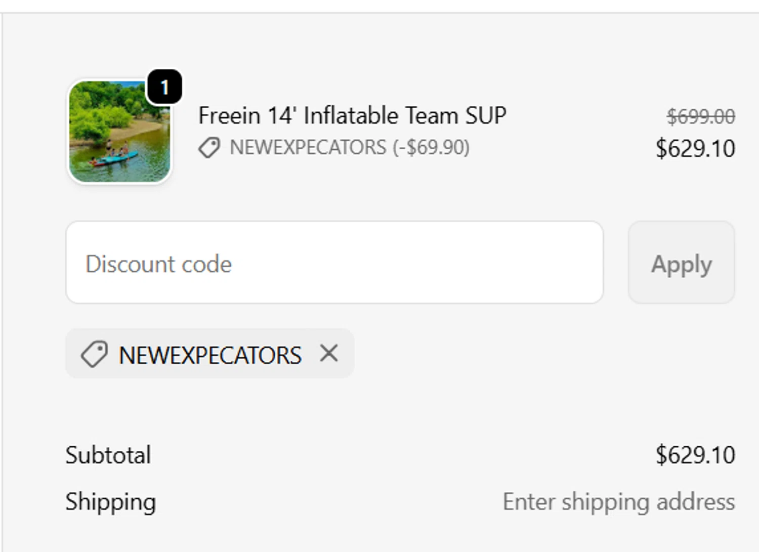 FreeinSUP promo code screenshot showing code NEWEXPECATORS applied at FreeinSUP checkout page. Uploaded by SimplyCodes community member CodePro594 on Jun 2, 2026