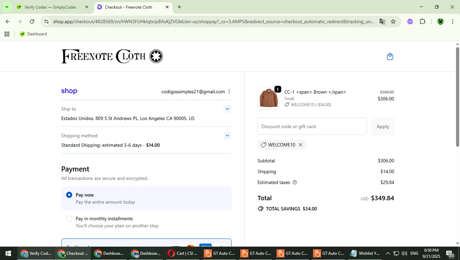 Freenote Cloth discount code screenshot showing code WELCOME10 applied at Freenote Cloth checkout page. Uploaded by SimplyCodes community member MaitoGai on Sep 21, 2025