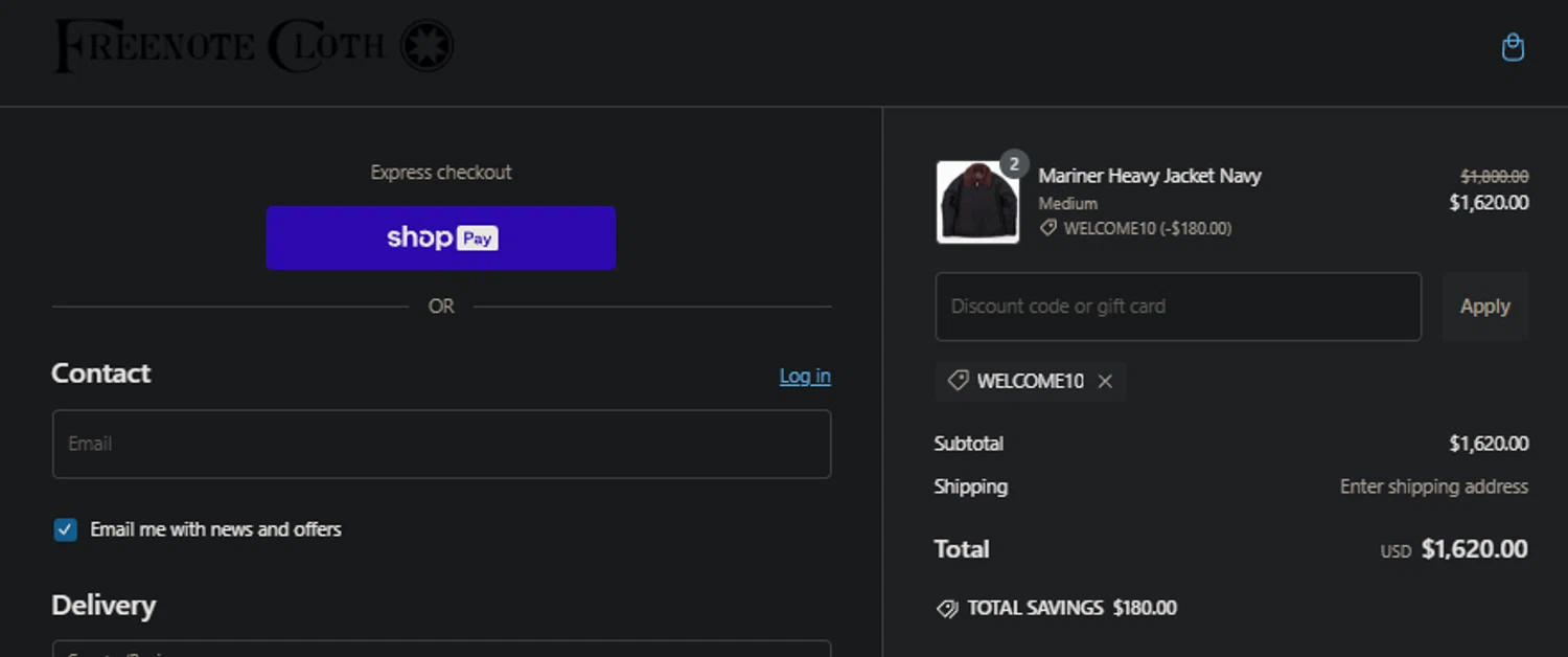 Freenote Cloth discount code screenshot showing code WELCOME10 applied at Freenote Cloth checkout page. Uploaded by SimplyCodes community member idkxxx on Dec 31, 2024