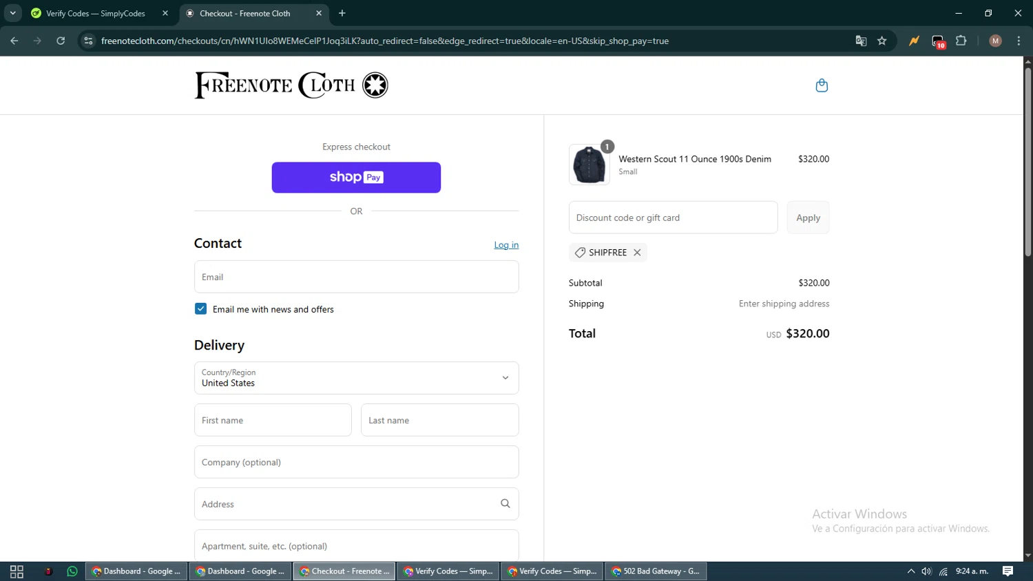 Freenote Cloth discount code screenshot showing code SHIPFREE applied at Freenote Cloth checkout page. Uploaded by SimplyCodes community member DiscountTitan4635 on Aug 6, 2025