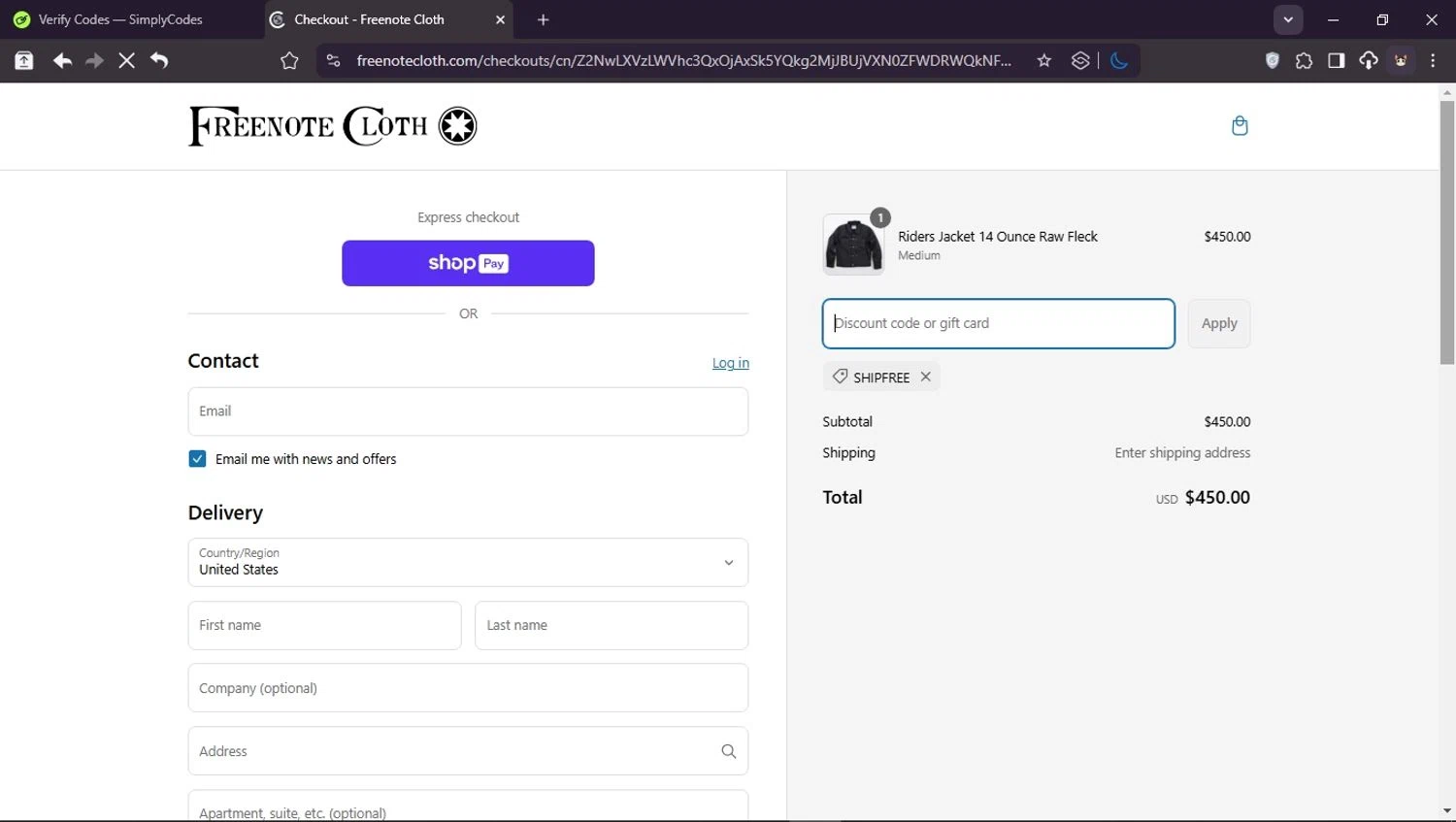 Freenote Cloth discount code screenshot showing code SHIPFREE applied at Freenote Cloth checkout page. Uploaded by SimplyCodes community member Userr2 on Mar 9, 2025