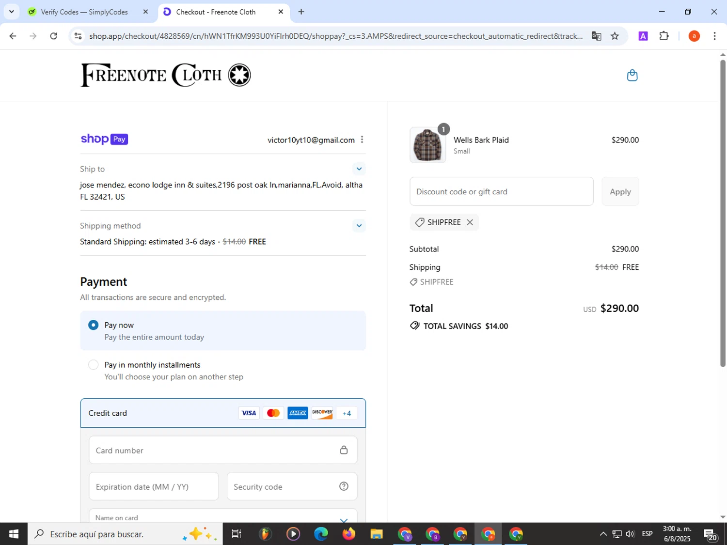 Freenote Cloth discount code screenshot showing code SHIPFREE applied at Freenote Cloth checkout page. Uploaded by SimplyCodes community member partenalgas on Aug 6, 2025