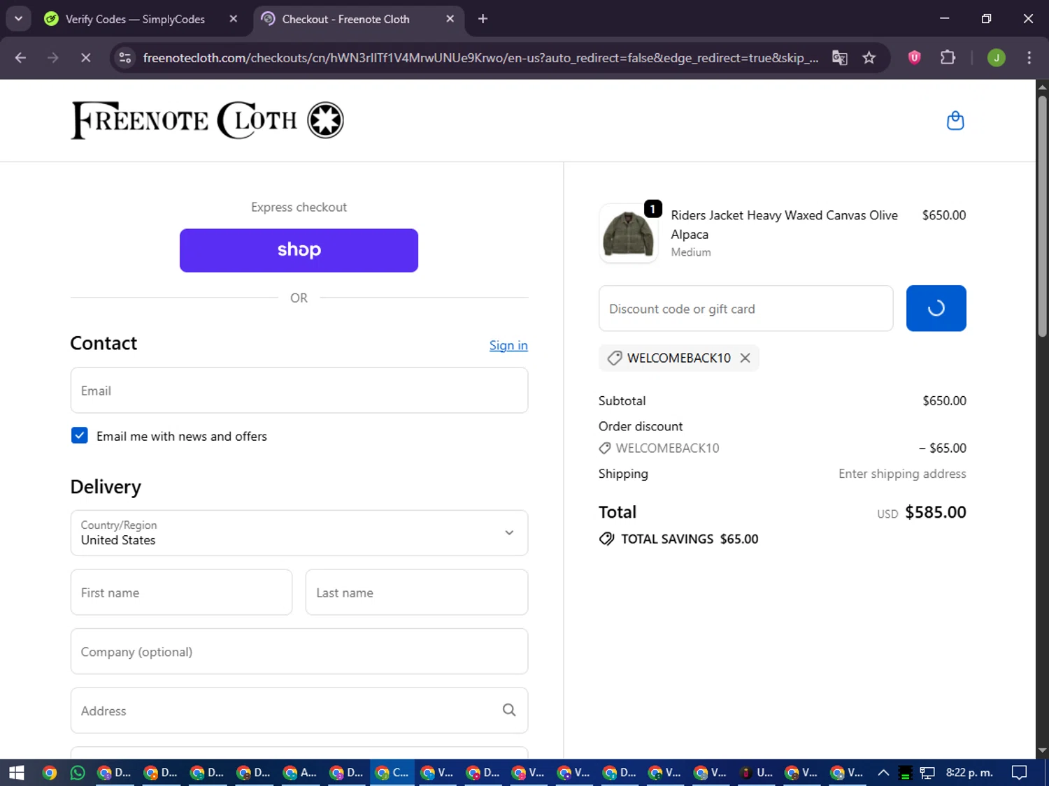 Freenote Cloth discount code screenshot showing code WELCOMEBACK10 applied at Freenote Cloth checkout page. Uploaded by SimplyCodes community member LilBaby on Oct 8, 2025