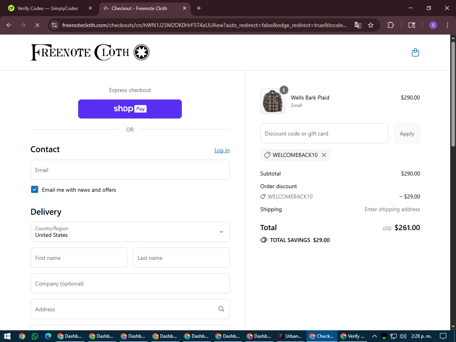 Freenote Cloth discount code screenshot showing code WELCOMEBACK10 applied at Freenote Cloth checkout page. Uploaded by SimplyCodes community member LuckyVoyager688 on Aug 1, 2025