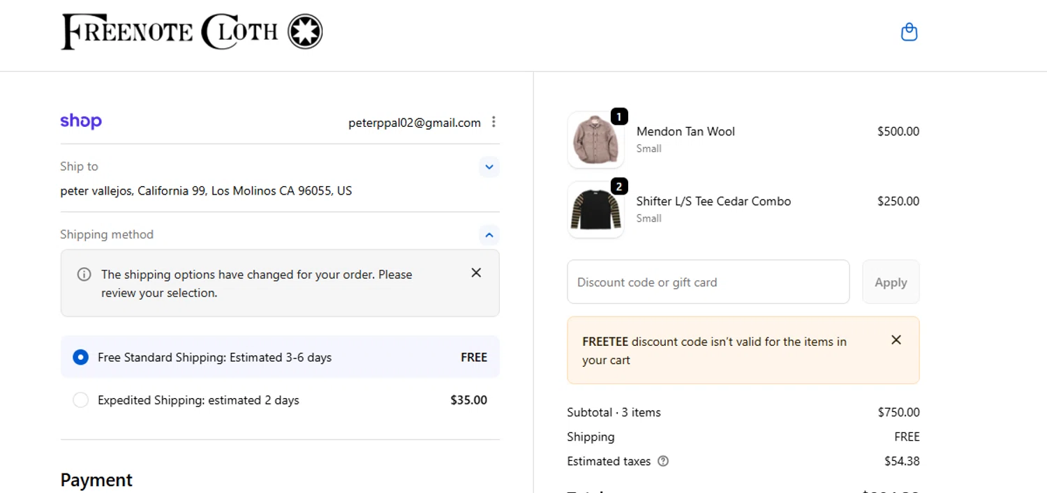 Freenote Cloth discount code screenshot showing code FREETEE applied at Freenote Cloth checkout page. Uploaded by SimplyCodes community member PrimeMaverick5747 on Dec 25, 2025