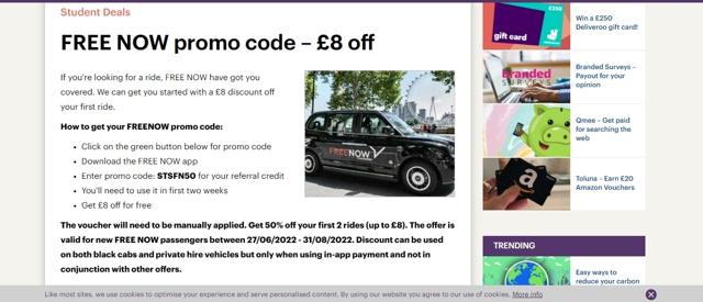 FREE NOW checkout page showing FREE NOW promo code box | Screenshot taken by SimplyCodes community member on Aug 25, 2022