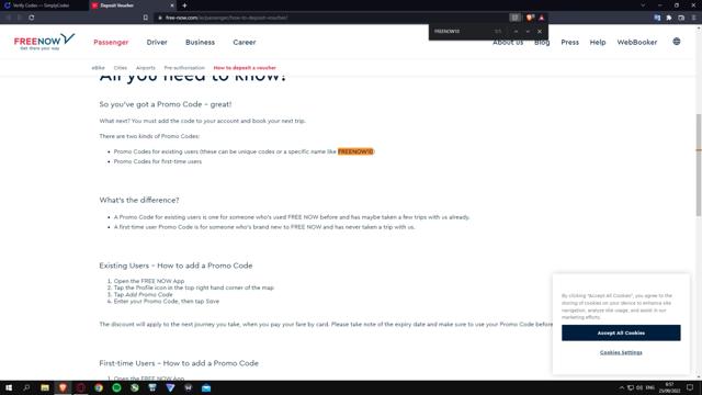 FREE NOW checkout page showing FREE NOW promo code box | Screenshot taken by SimplyCodes community member on Sep 25, 2022