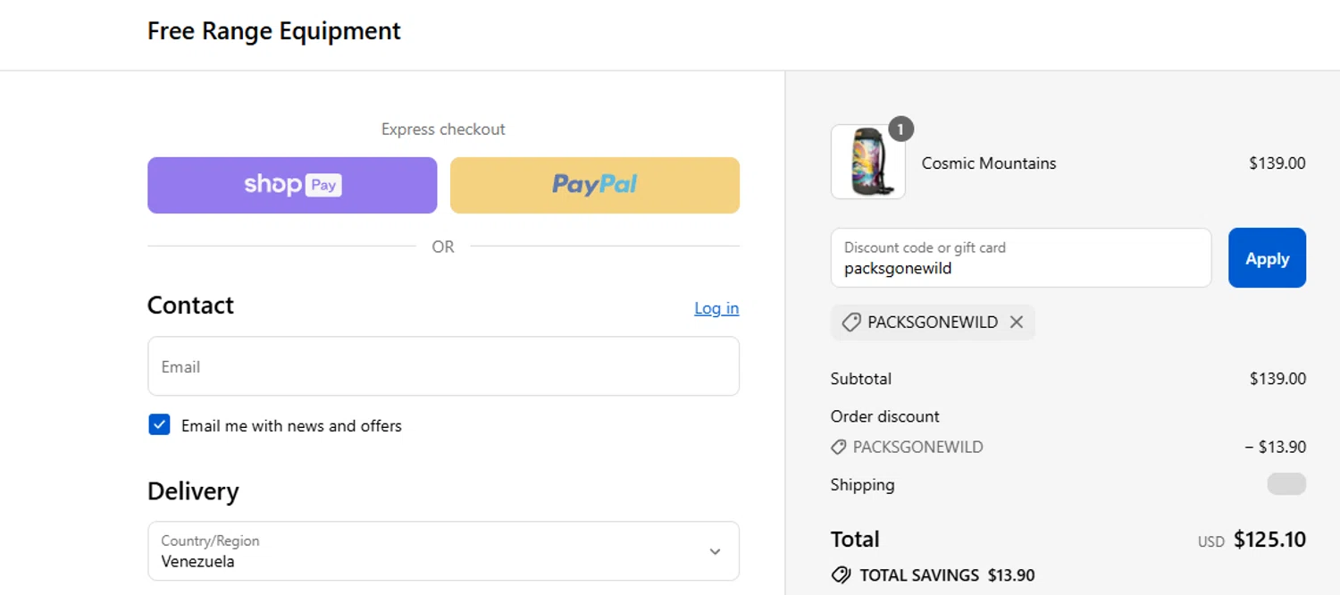 Free Range Equipment promo code screenshot showing code packsgonewild applied at Free Range Equipment checkout page. Uploaded by SimplyCodes community member Olorinnnnn on Aug 27, 2025