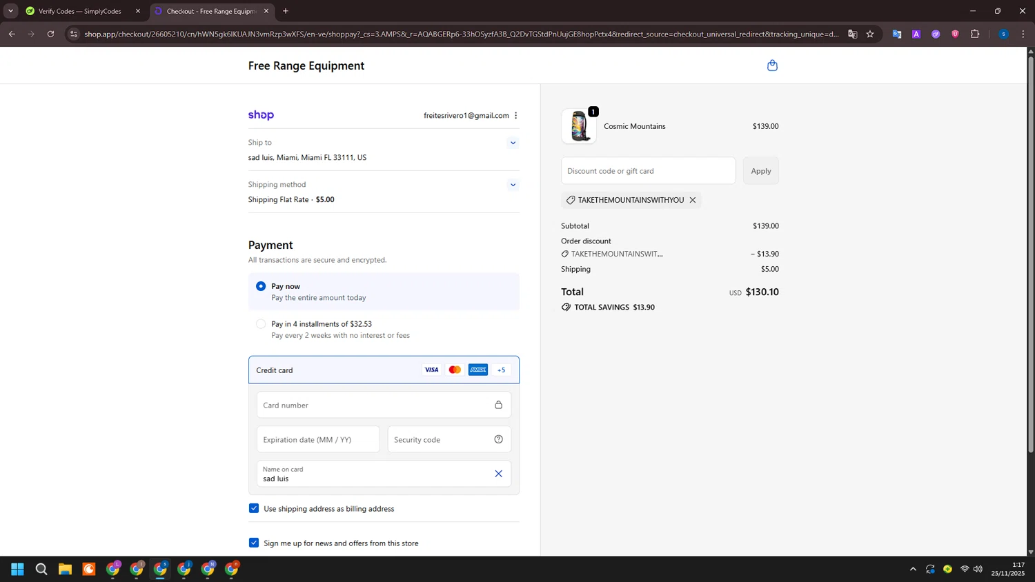 Free Range Equipment promo code screenshot showing code takethemountainswithyou applied at Free Range Equipment checkout page. Uploaded by SimplyCodes community member ExtraordinarySleuth4345 on Nov 25, 2025