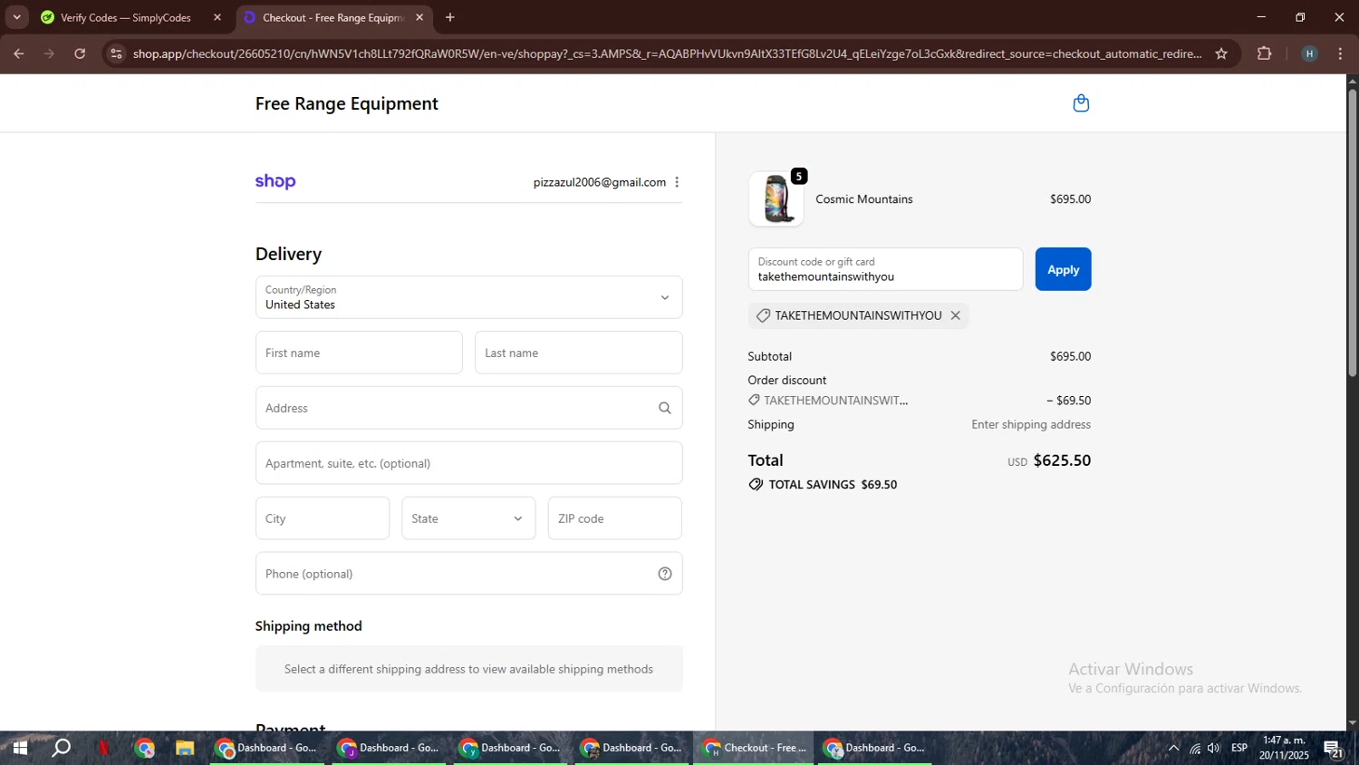 Free Range Equipment promo code screenshot showing code takethemountainswithyou applied at Free Range Equipment checkout page. Uploaded by SimplyCodes community member YAMAHA on Nov 20, 2025
