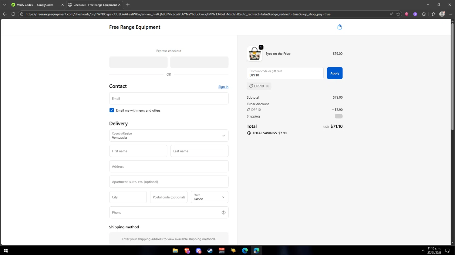 Free Range Equipment promo code screenshot showing code DPF10 applied at Free Range Equipment checkout page. Uploaded by SimplyCodes community member Mondongo on Jan 27, 2026