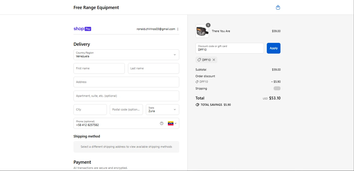 Free Range Equipment promo code screenshot showing code DPF10 applied at Free Range Equipment checkout page. Uploaded by SimplyCodes community member davisams on Aug 27, 2025