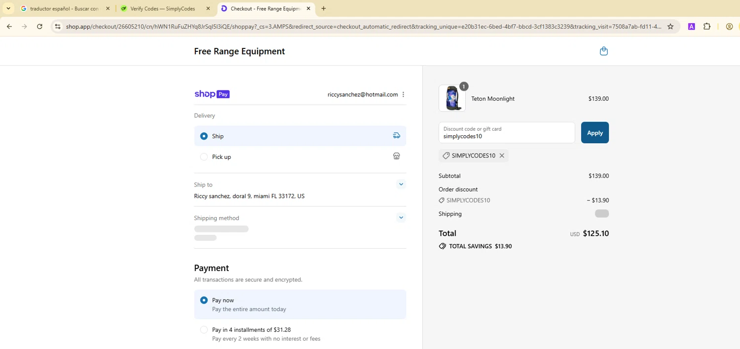 Free Range Equipment promo code screenshot showing code simplycodes10 applied at Free Range Equipment checkout page. Uploaded by SimplyCodes community member ScanGenius949 on Aug 5, 2025