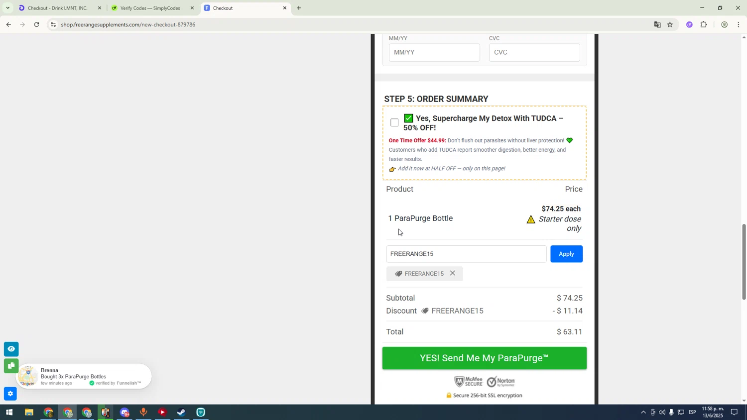 FREERANGE Supplements promo code screenshot showing code FREERANGE15 applied at FREERANGE Supplements checkout page. Uploaded by SimplyCodes community member sfdfgdsfgdfgdfg on Jun 14, 2025