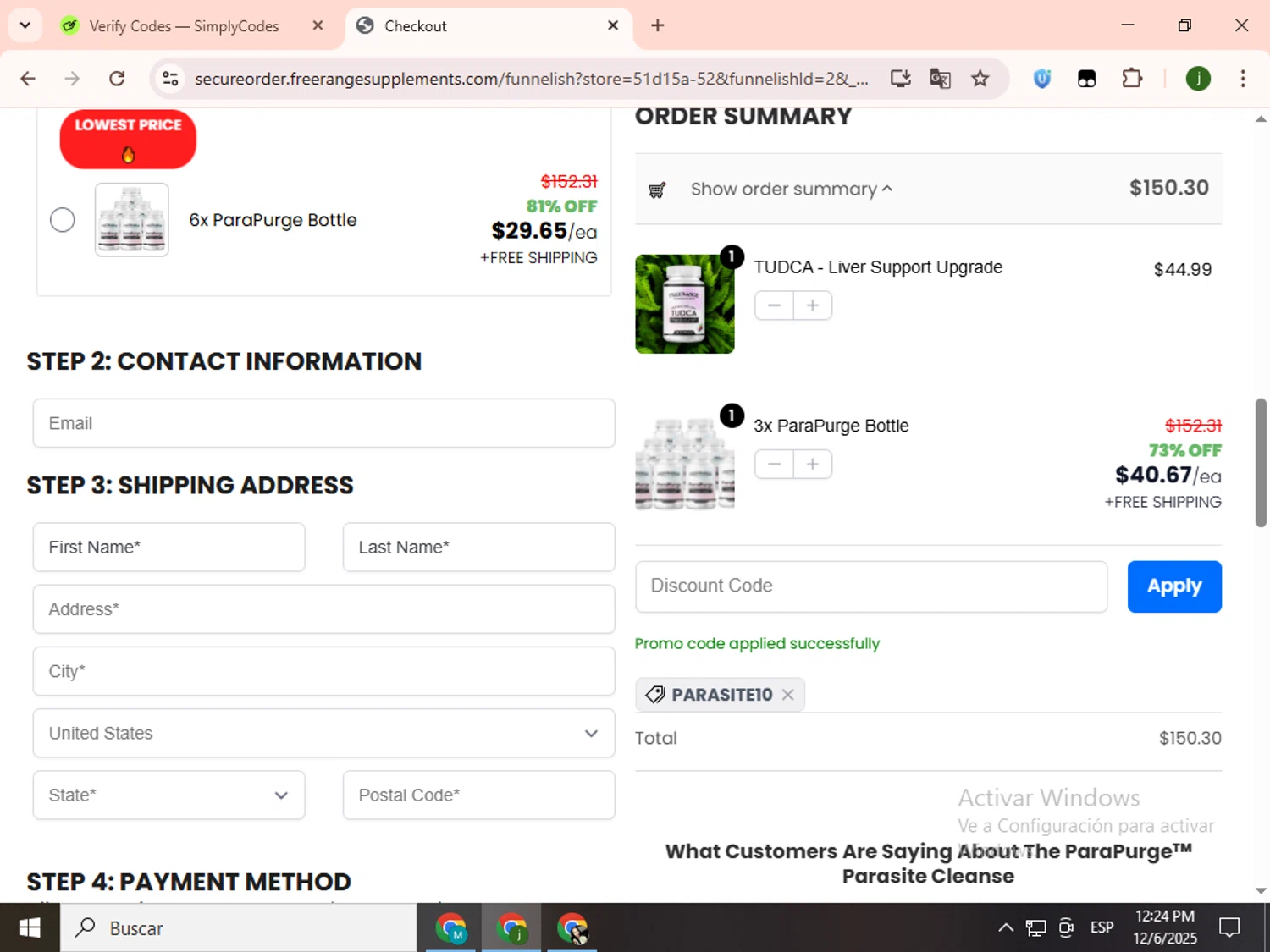 FREERANGE Supplements promo code screenshot showing code PARASITE10 applied at FREERANGE Supplements checkout page. Uploaded by SimplyCodes community member SavingsCollector2592 on Dec 6, 2025