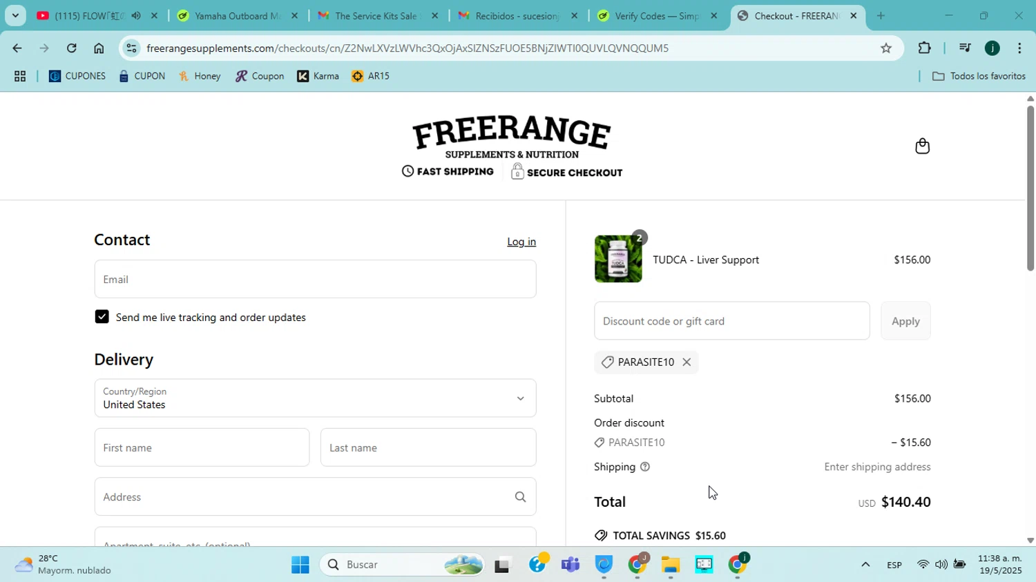 FREERANGE Supplements promo code screenshot showing code PARASITE10 applied at FREERANGE Supplements checkout page. Uploaded by SimplyCodes community member jorgejavierherrera on May 19, 2025