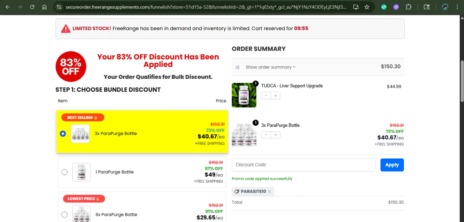 FREERANGE Supplements promo code screenshot showing code PARASITE10 applied at FREERANGE Supplements checkout page. Uploaded by SimplyCodes community member xAngel on Nov 10, 2025
