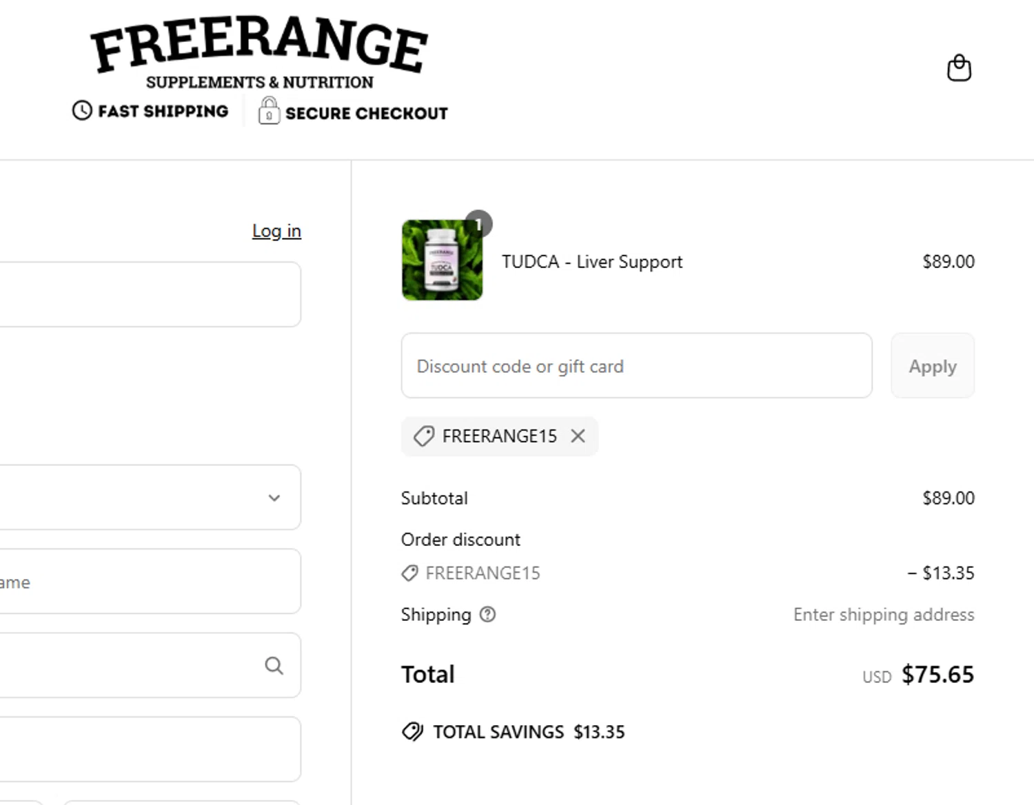 FREERANGE Supplements promo code screenshot showing code FREERANGE15 applied at FREERANGE Supplements checkout page. Uploaded by SimplyCodes community member salemigajera on May 13, 2025