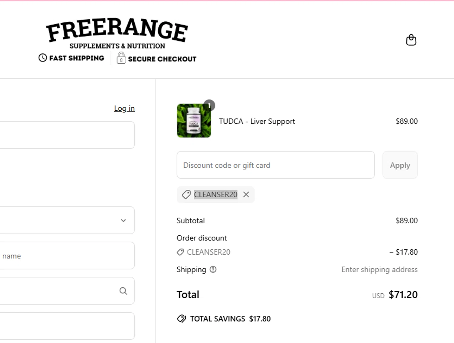 FREERANGE Supplements promo code screenshot showing code CLEANSER20 applied at FREERANGE Supplements checkout page. Uploaded by SimplyCodes community member aumentadax10 on May 13, 2025