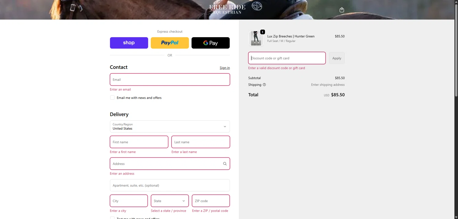 Free Ride Equestrian discount code screenshot showing code RUTHIE applied at Free Ride Equestrian checkout page. Uploaded by SimplyCodes community member VictoriousBoss8742 on Dec 6, 2025