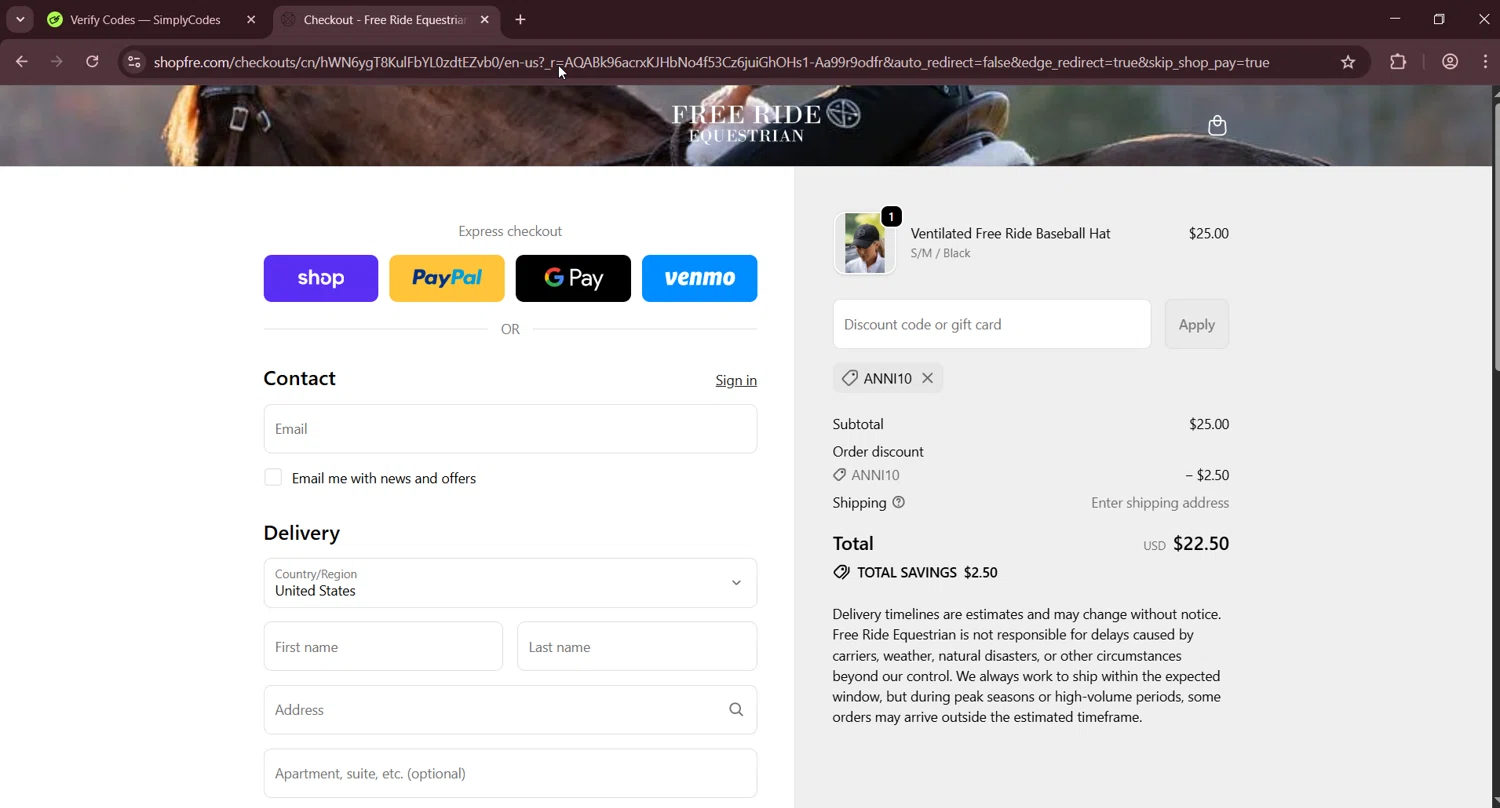 Free Ride Equestrian discount code screenshot showing code ANNI10 applied at Free Ride Equestrian checkout page. Uploaded by SimplyCodes community member LuckyNavigator1490 on Dec 29, 2025