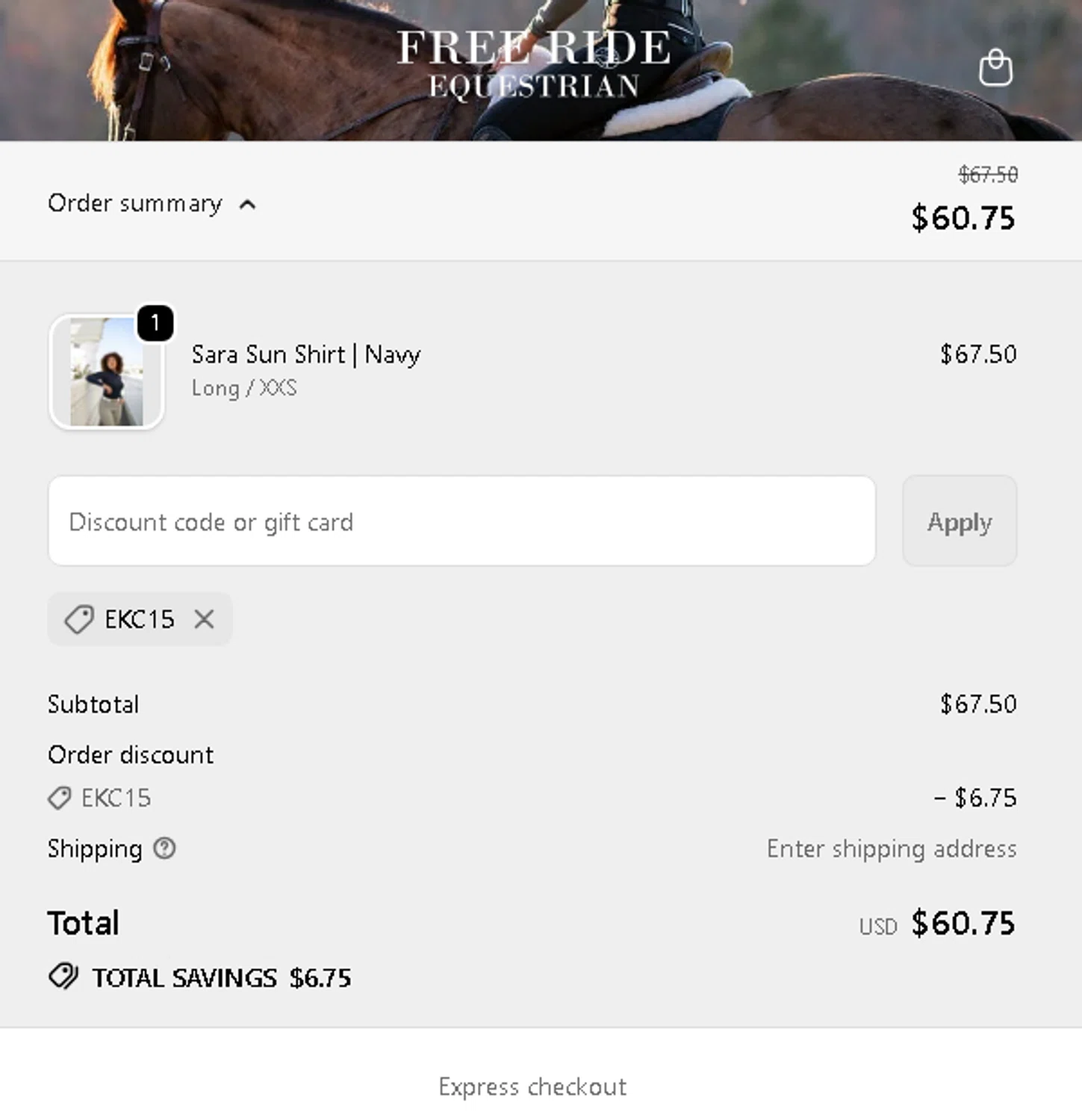 Free Ride Equestrian discount code screenshot showing code EKC15 applied at Free Ride Equestrian checkout page. Uploaded by SimplyCodes community member AMANDA2681 on Dec 13, 2025