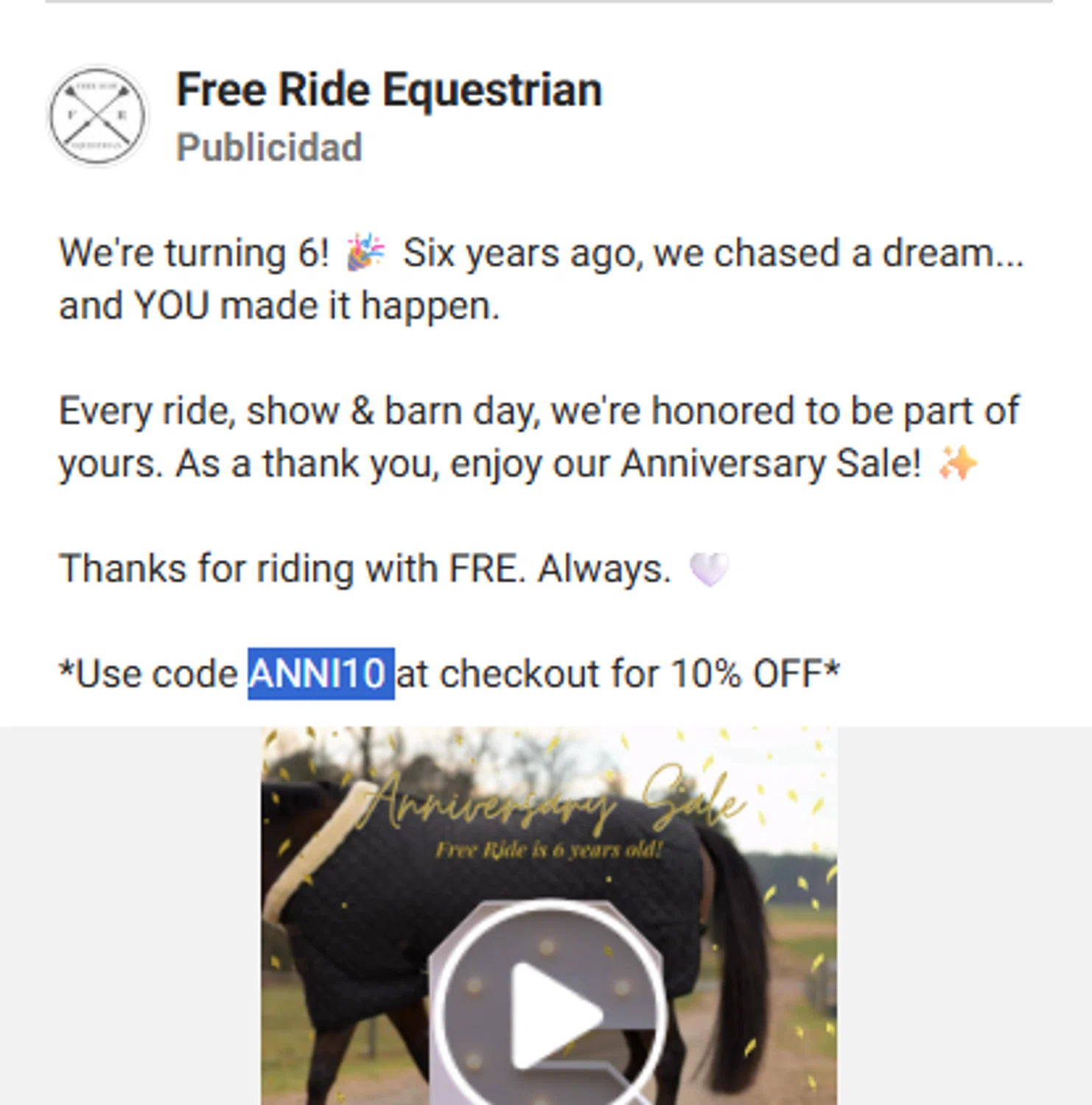 Free Ride Equestrian discount code screenshot showing code ANNI10 applied at Free Ride Equestrian checkout page. Uploaded by SimplyCodes community member maracuho09 on Dec 15, 2025