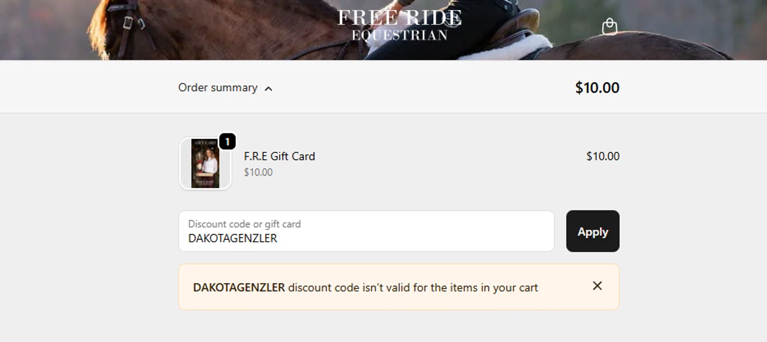 Free Ride Equestrian discount code screenshot showing code DAKOTAGENZLER applied at Free Ride Equestrian checkout page. Uploaded by SimplyCodes community member ashe1986 on Dec 15, 2025