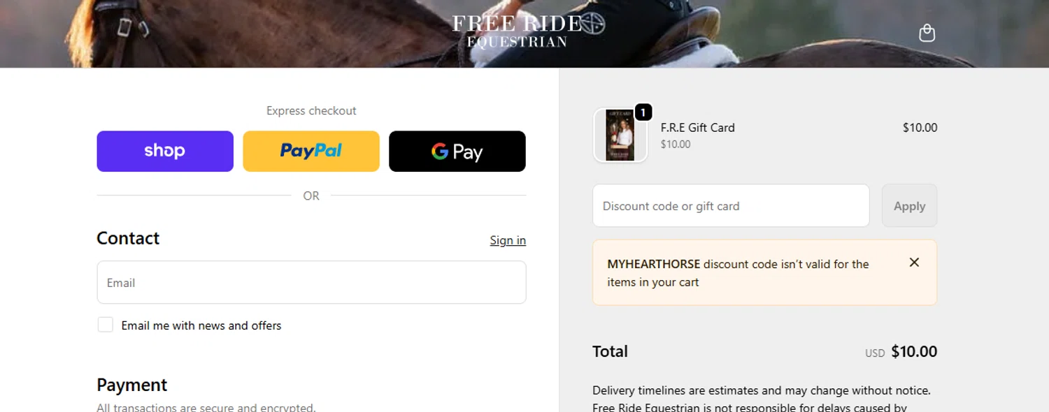Free Ride Equestrian discount code screenshot showing code MYHEARTHORSE applied at Free Ride Equestrian checkout page. Uploaded by SimplyCodes community member ashe1986 on Dec 15, 2025