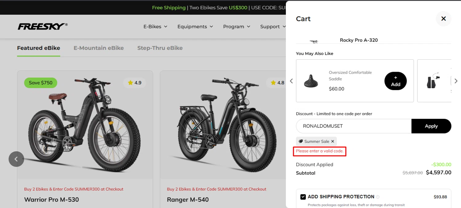 Freesky Ebike promo code screenshot showing code RONALDOMUSET applied at Freesky Ebike checkout page. Uploaded by SimplyCodes community member noworries on Jul 4, 2025