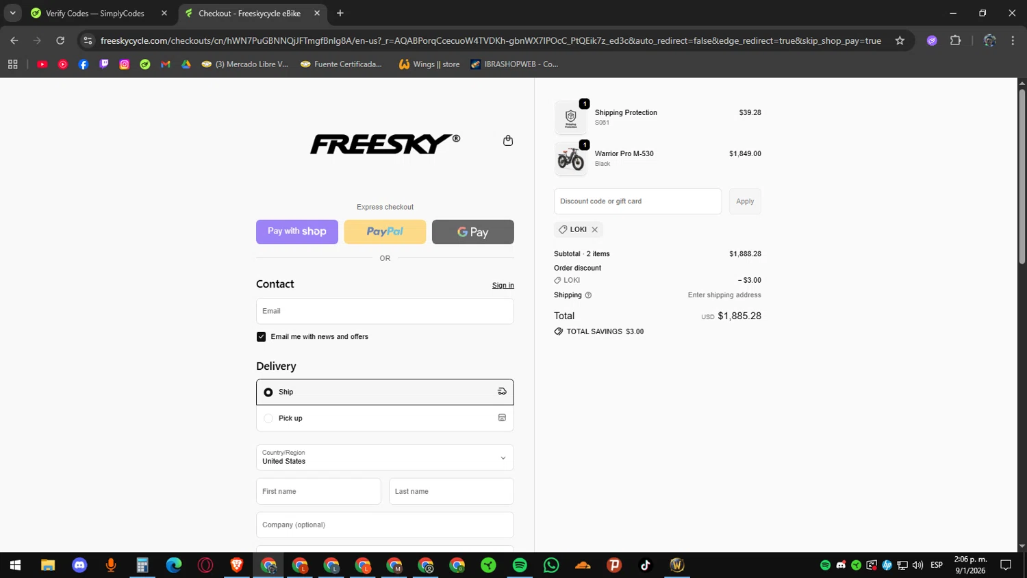 Freesky Ebike checkout page showing Freesky Ebike promo code box | Screenshot taken by SimplyCodes community member on Jan 9, 2026