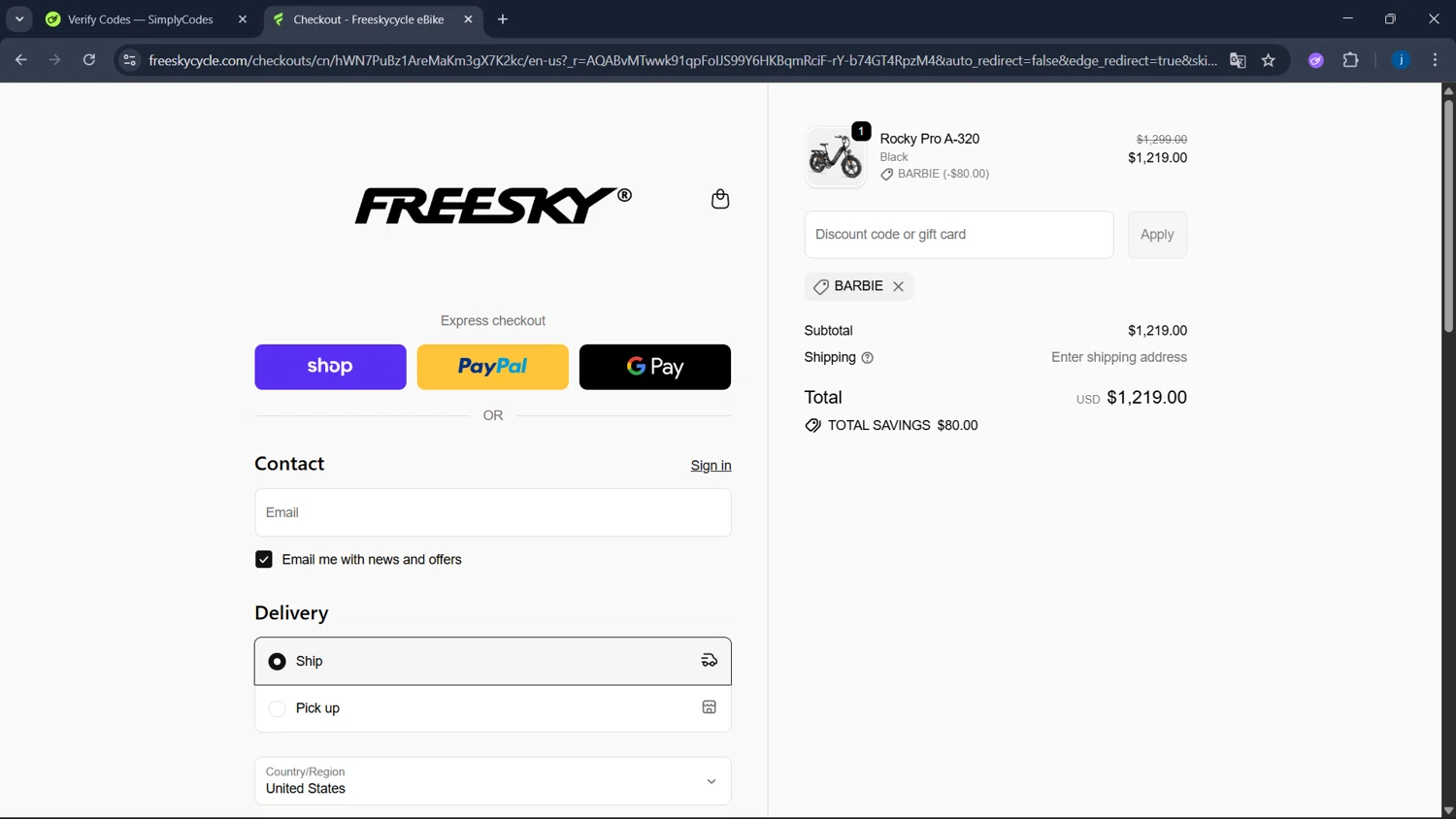 Freesky Ebike checkout page showing Freesky Ebike promo code box | Screenshot taken by SimplyCodes community member on Jan 9, 2026