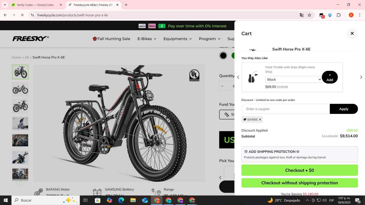 Freesky Ebike promo code screenshot showing code BARBIE applied at Freesky Ebike checkout page. Uploaded by SimplyCodes community member FrugalSentinel6206 on Sep 18, 2025