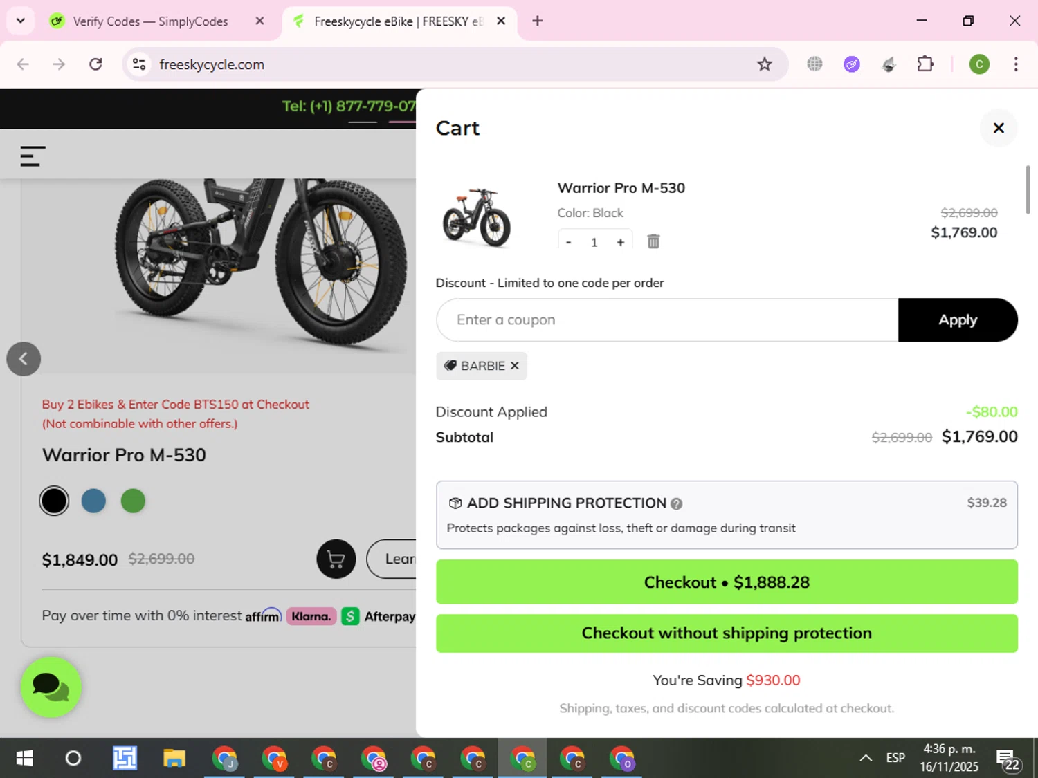 Freesky Ebike promo code screenshot showing code BARBIE applied at Freesky Ebike checkout page. Uploaded by SimplyCodes community member RoyalKnight4673 on Nov 16, 2025