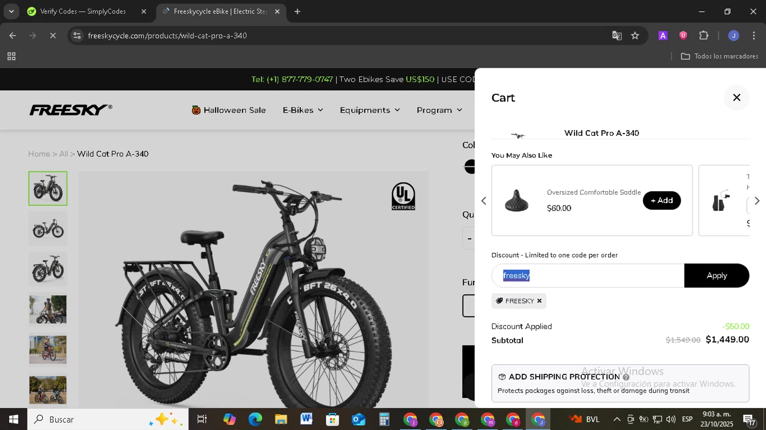 Freesky Ebike promo code screenshot showing code freesky applied at Freesky Ebike checkout page. Uploaded by SimplyCodes community member EpicSage3474 on Oct 23, 2025